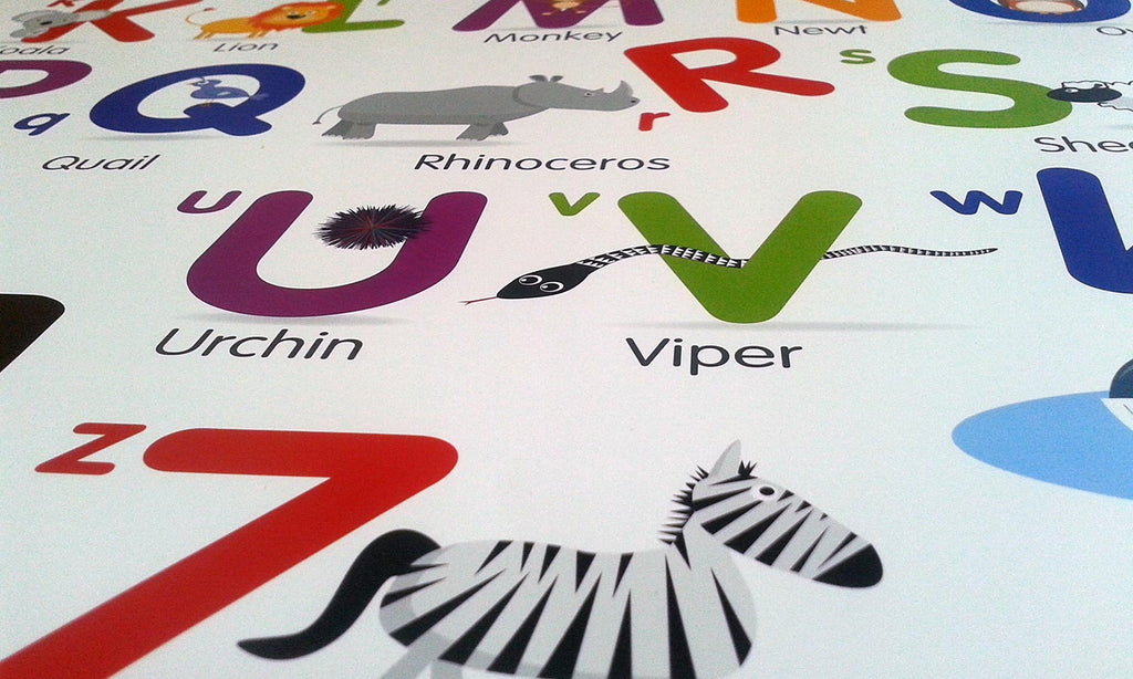 Close-up detail of coloured alphabet learning poster letters