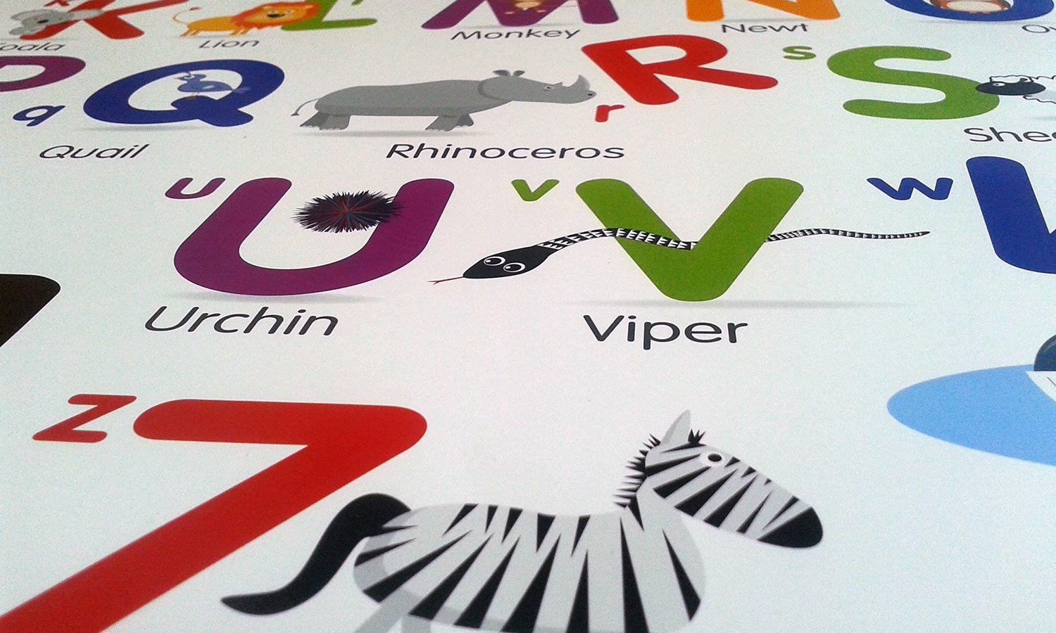 Close-up detail of coloured alphabet learning poster letters