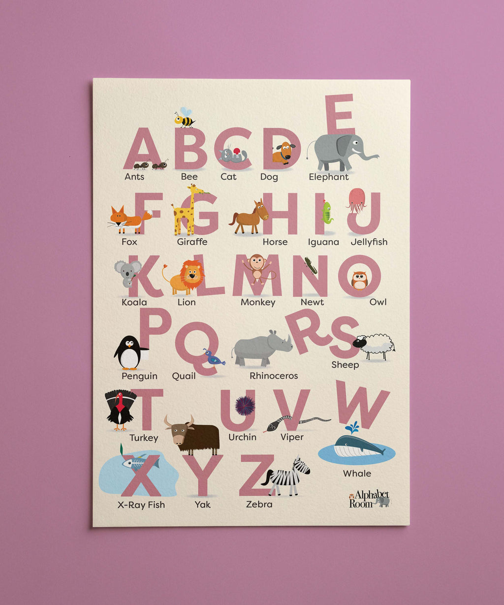 Pink Animal Alphabet Poster | Girls Nursery Wall Art | Educational Kids Print