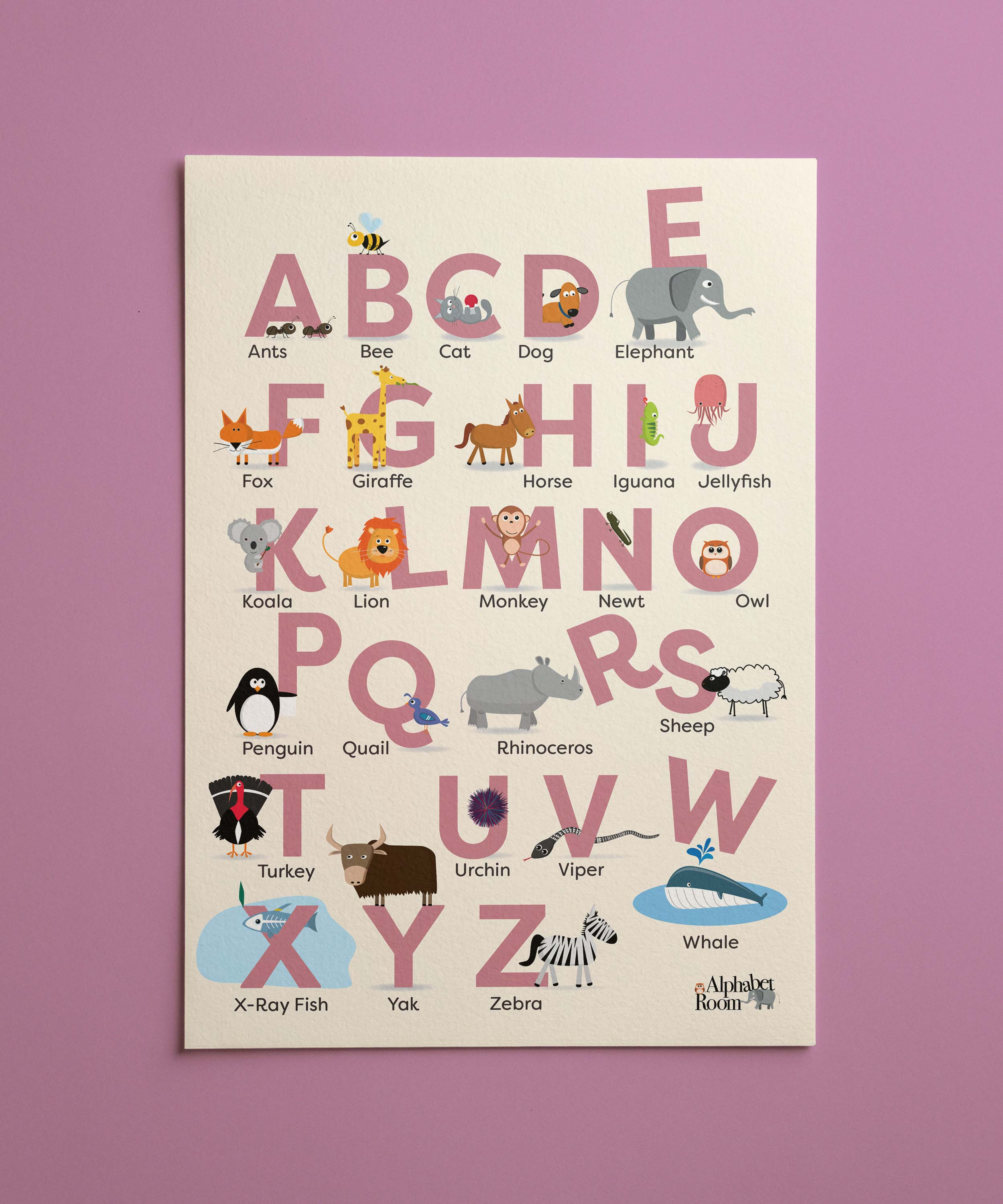 Pink Animal Alphabet Poster | Girls Nursery Wall Art | Educational Kids Print