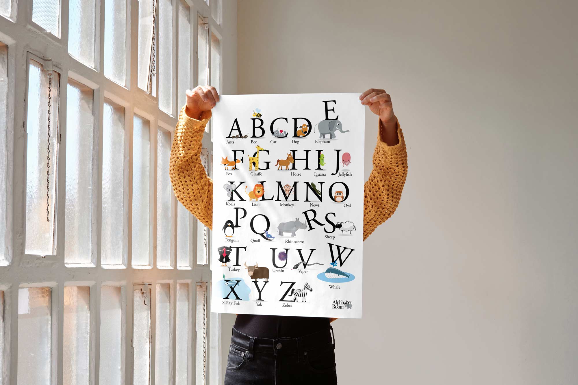 Person holding animal alphabet educational poster print